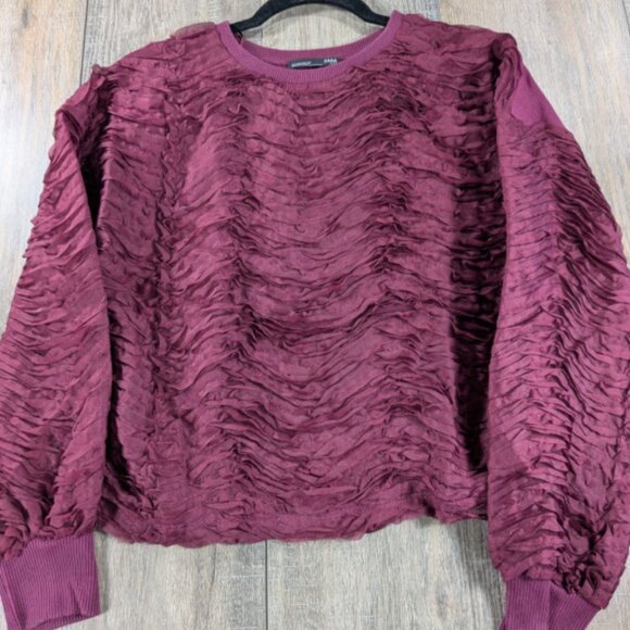 Zara Pullover Sweatshirt Womens Small Purple Textured Ruffle Lightweight BOHO - Picture 1 of 8